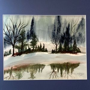 ORIGINAL SIGNED WATERCOLOR LANDSCAPE PINE TREE SNOW BANK LAKE REFLECTION MATTED